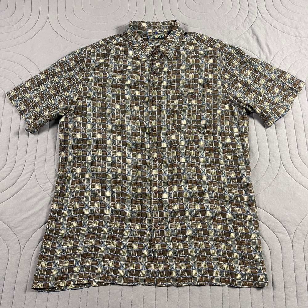 Campia Mens Large Geometric Tile Print Rayon Short Sleeve Button Shirt